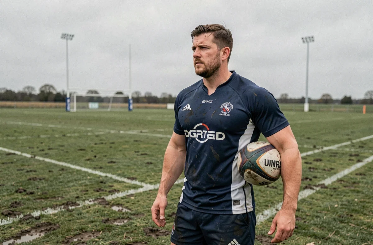 Joueur de rugby en réflexion sur le bord d'un terrain de National 2 avant un transfert pour la saison 2026