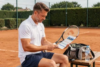 Joueur de tennis consultant le programme d'un tournoi 2026 assis sur le banc d'un court en terre battue