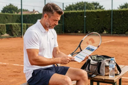 Joueur de tennis consultant le programme d'un tournoi 2026 assis sur le banc d'un court en terre battue
