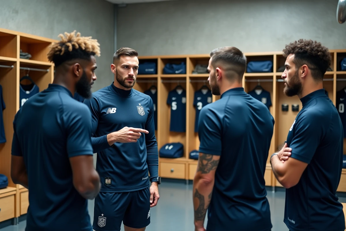 Joueurs du PSG autour d'un tableau tactique dans le vestiaire avant la composition pour le match contre l'OM