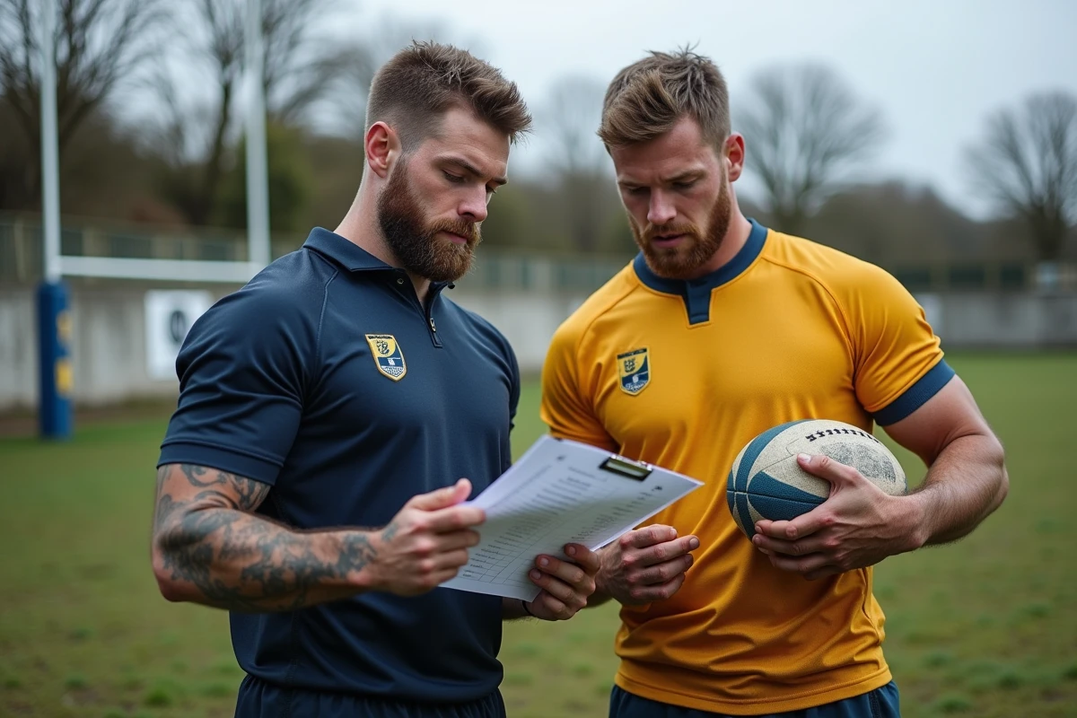 Deux joueurs de rugby de Bergerac analysant le classement de leur championnat avec un ballon ovale près des poteaux