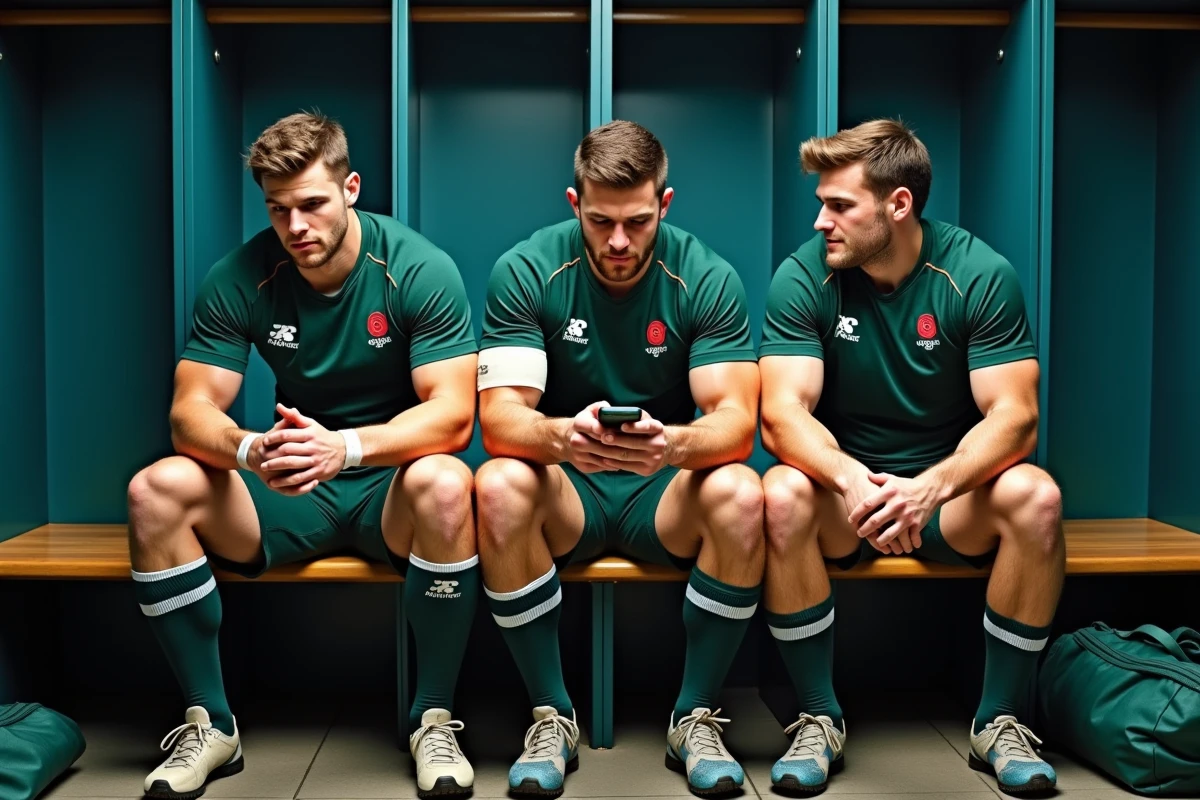 Joueurs de rugby Fédérale en vestiaire consultant les résultats et le classement avec bonus offensif sur smartphone