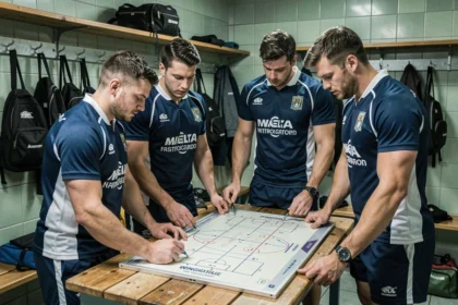 Joueurs de rugby de National 2 réunis autour d'un tableau tactique dans un vestiaire de club pour préparer la saison 2026