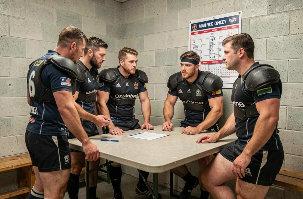 Joueurs de rugby analysant le calendrier complet et les phases finales de la Fédérale 2 poule 4 dans les vestiaires