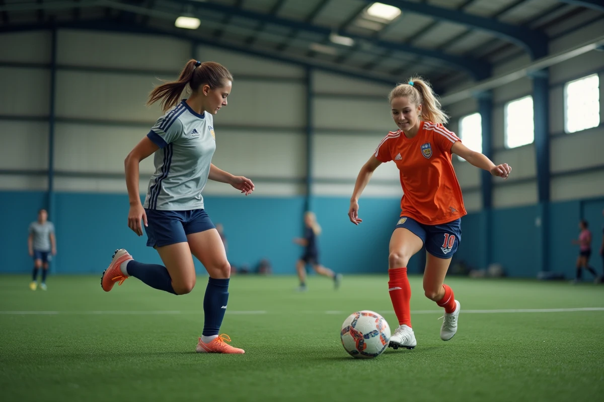 Deux joueuses de football s'entraînant ensemble à la passe dans une salle de sport intérieure, progression technique inspirée de Mia Hamm
