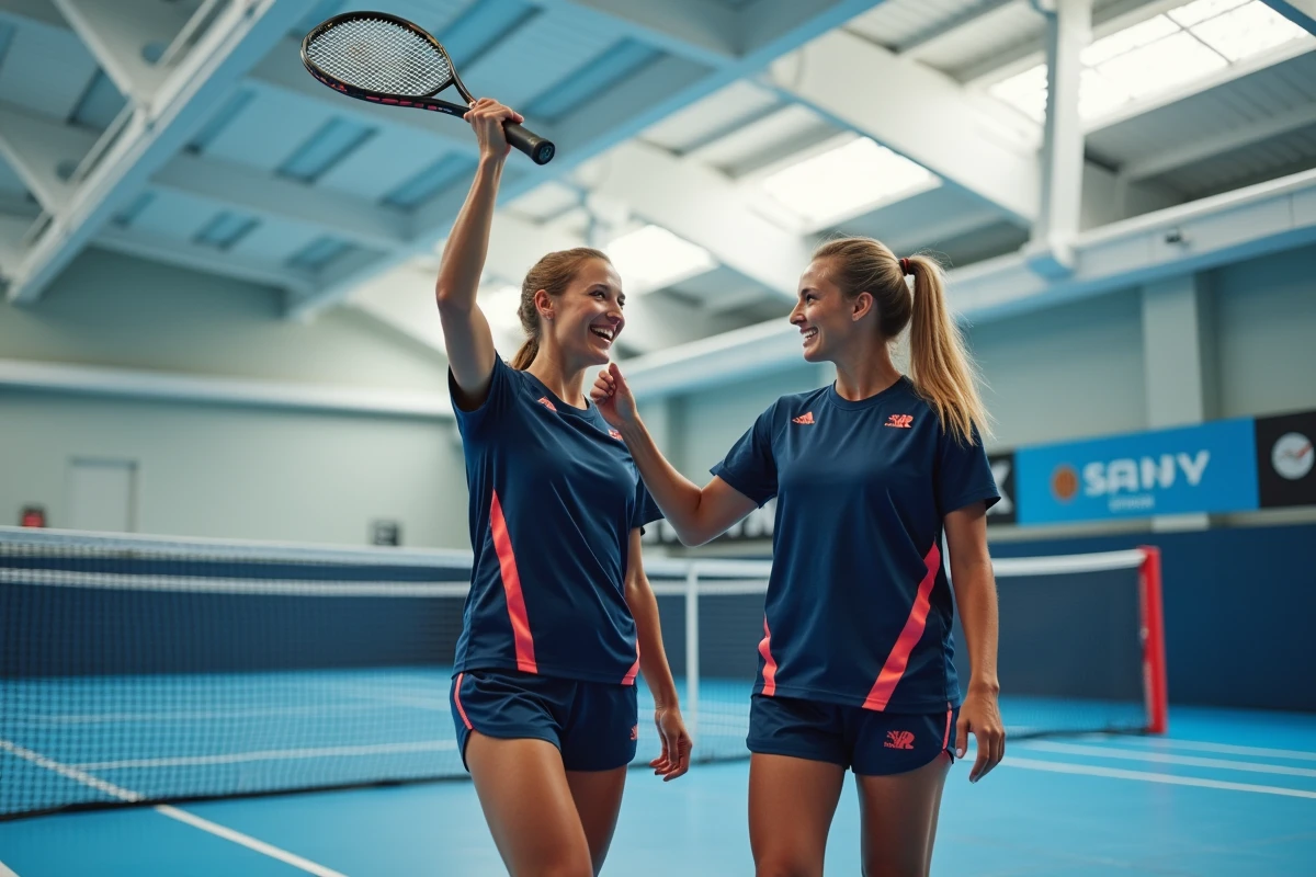 Deux joueuses de padel célébrant un point lors d'un tournoi P100 en salle, symbolisant la montée en puissance des joueuses dans le classement fédéral