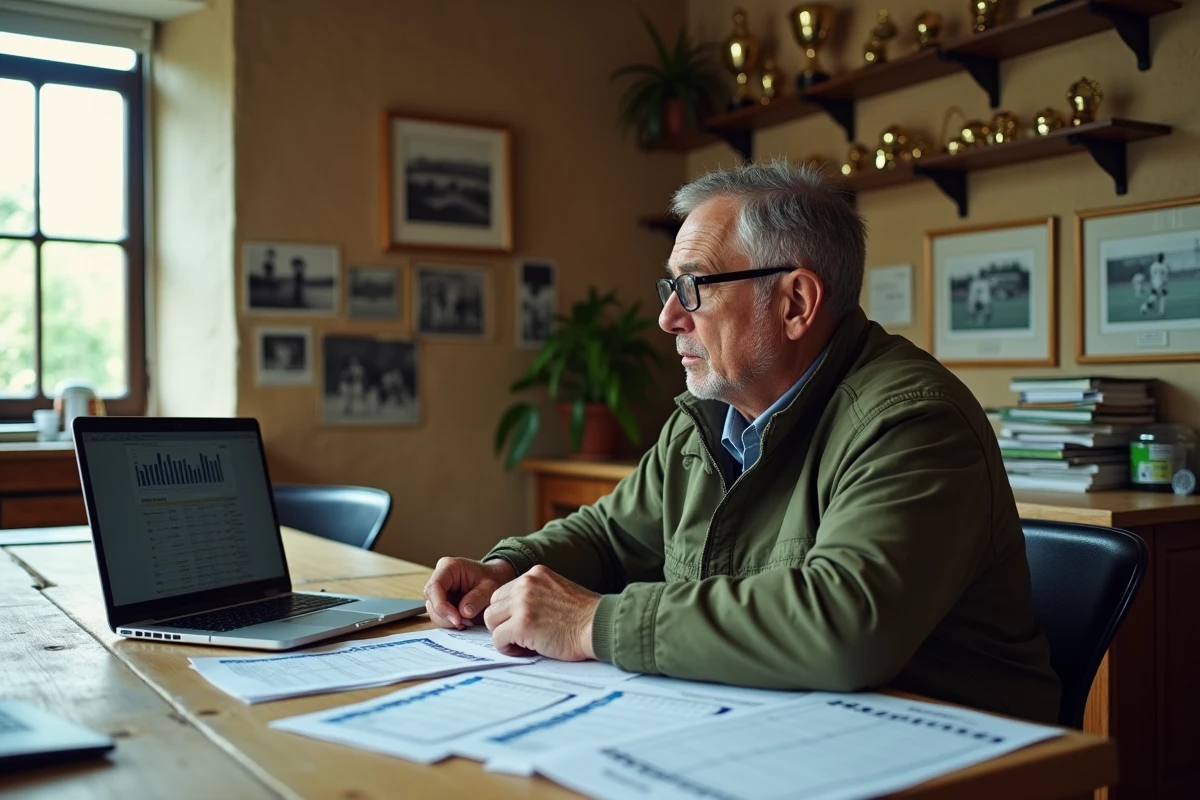 Journaliste sportif analysant les classements de football et rugby de Bergerac dans un bureau de club avec documents imprimés et ordinateur
