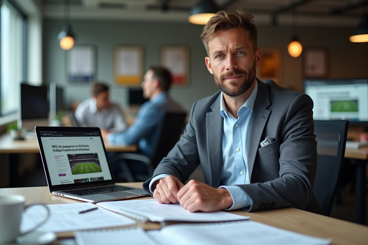 Journaliste sportif analysant des informations de mercato rugby sur ordinateur portable dans une salle de rédaction