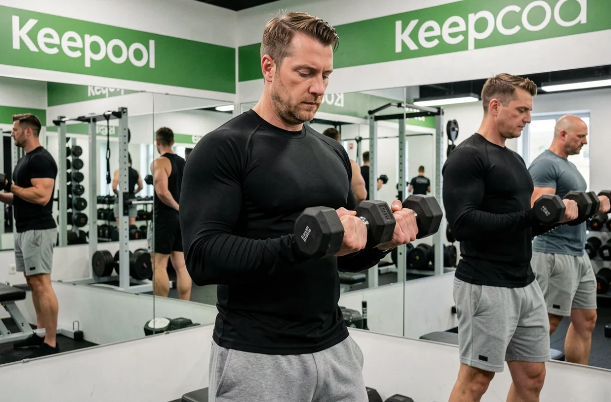 Homme effectuant des curls avec haltères devant le miroir de la salle Keepcool Rennes Colombier