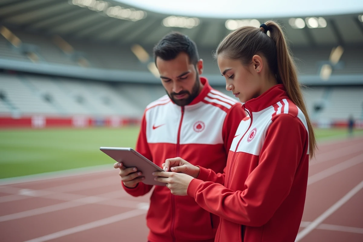 Kholoud Shahine Al-Kuwari analysant ses performances avec son entraîneur dans les coulisses d'un stade d'athlétisme international