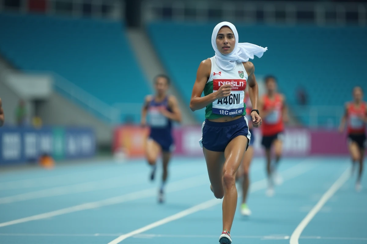 Kholoud Shahine Al-Kuwari en pleine course face aux meilleures athlètes mondiales lors d'une compétition en salle
