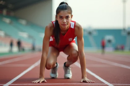 Athlète qatarie Kholoud Shahine Al-Kuwari en position de départ sur une piste d'athlétisme lors d'une compétition internationale