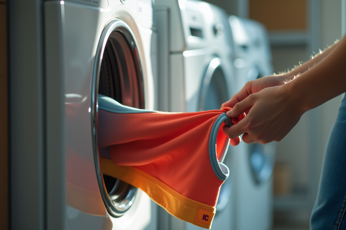 Mains plaçant haut de sport coloré dans la machine à laver