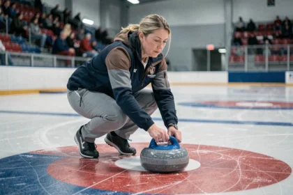 Joueuse de curling en position de livraison sur la glace, lançant une pierre de granit vers la maison lors d'une partie