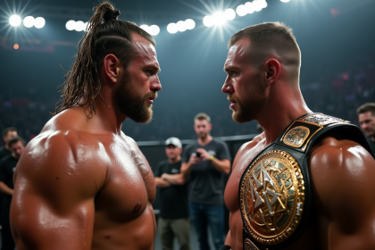Deux lutteurs en backstage sous des lumières vives avec ceinture