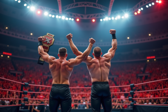 Lutteurs professionnels dans une arene avec un champion en triumphant