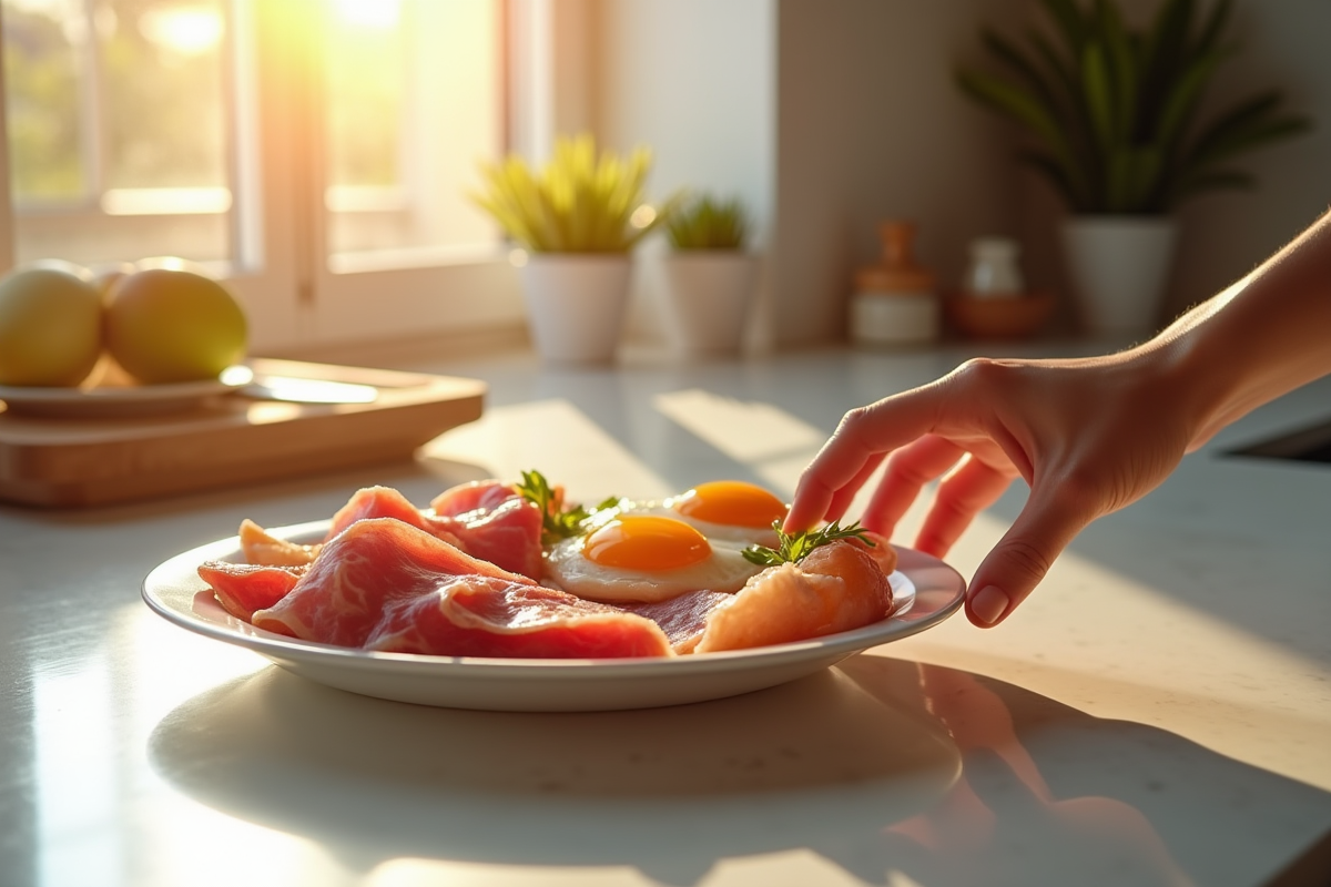 Main repoussant une assiette de viandes et œufs dans une cuisine lumineuse