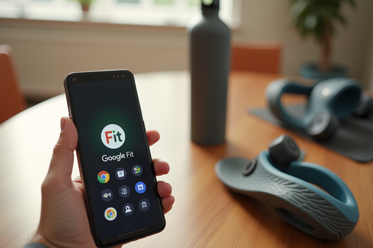 Main tenant un smartphone avec logo Google Fit et applications fitness