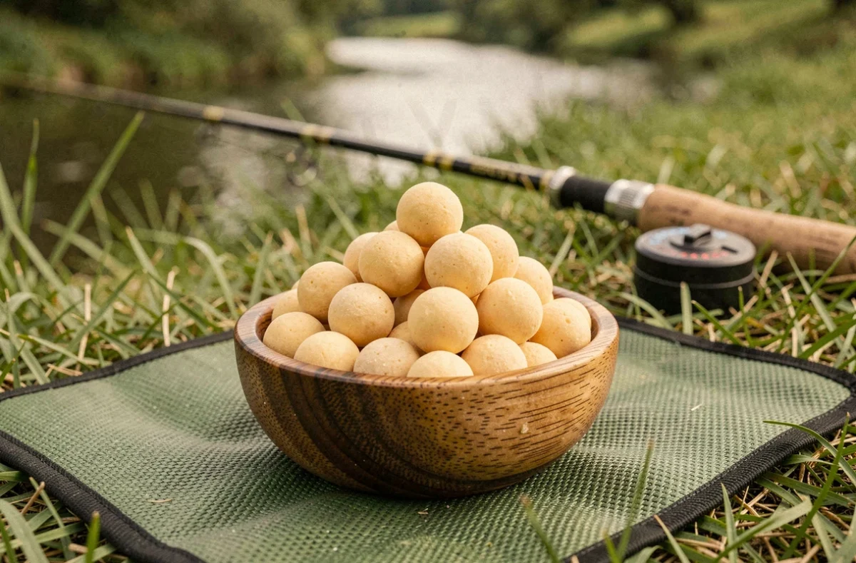 Bouillettes Mainline Cell crémeuses de couleur beige dans un bol en bois posé sur un tapis de carpe au bord de la rivière