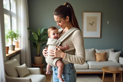 Jeune maman ajustant un porte-bébé avec son bébé souriant