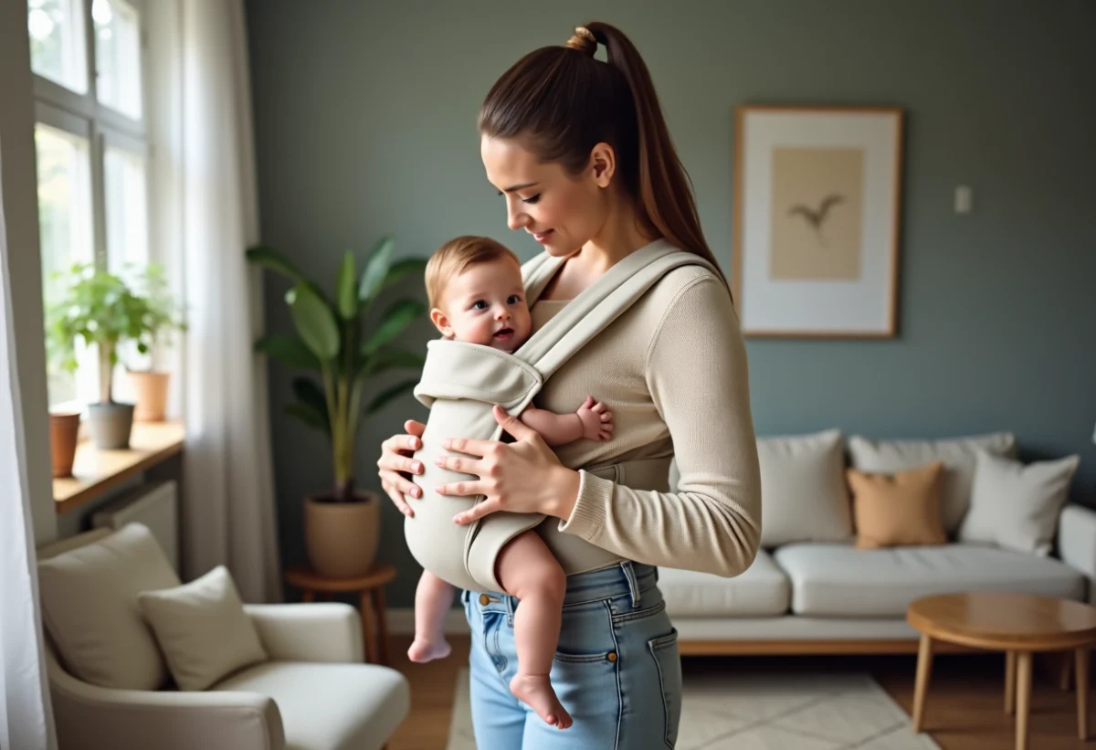 Jeune maman ajustant un porte-bébé avec son bébé souriant