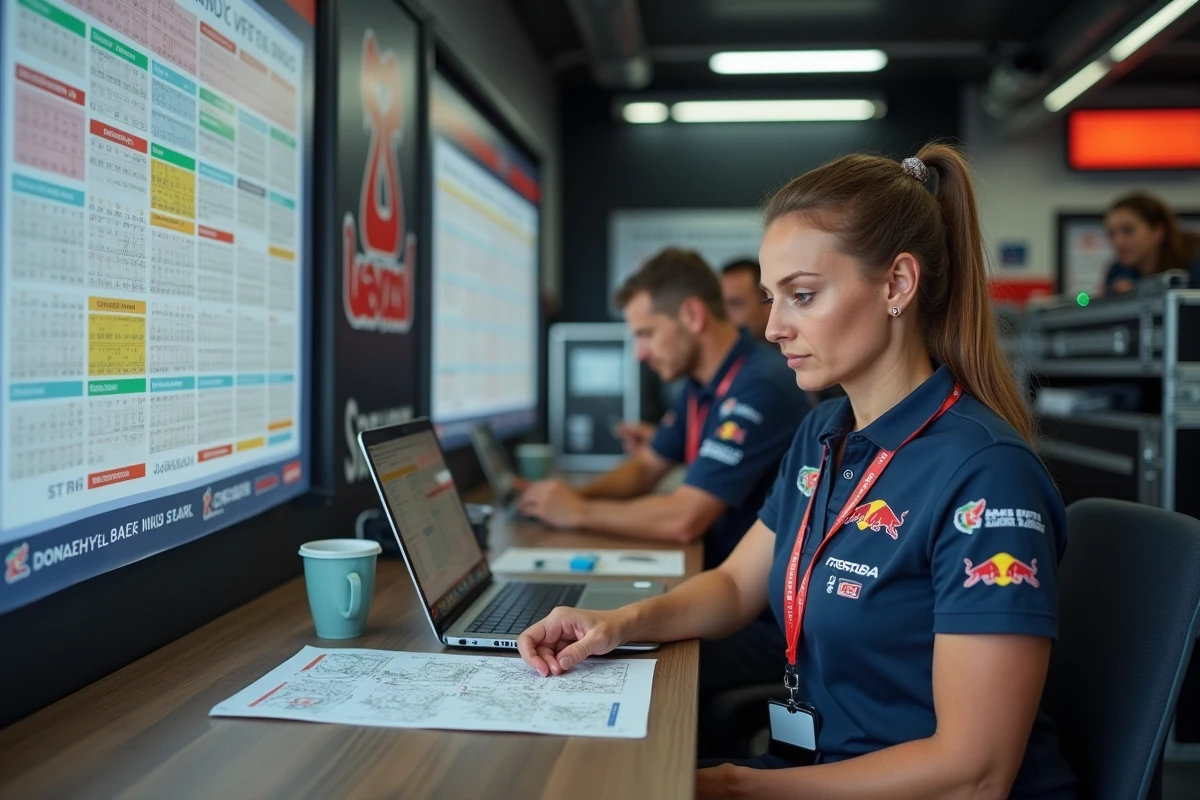 Manager d'équipe de rallye international planifiant le calendrier WRC 2026 dans l'hospitality de l'équipe