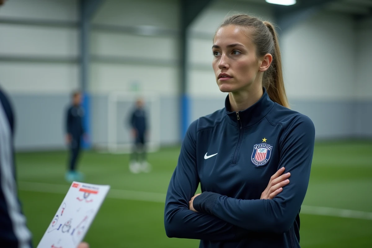 Joueuse de football étudiant des consignes tactiques avec son entraîneur dans une salle de préparation, montrant l'évolution du jeu de Manon Uffren