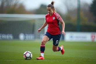 Attaquante de football en plein dribble lors d'un entraînement sur terrain naturel, illustrant la polyvalence technique de Manon Uffren