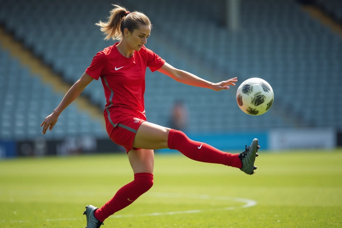 Attaquante polyvalente en plein tir lors d'une séance d'entraînement en stade, illustrant la progression technique de Manon Uffren devant les buts