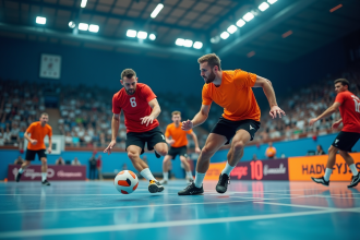 Match de handball intense en cours avec joueurs en action