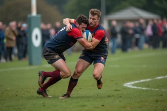 Deux joueurs de rugby fédéral amateur en plein plaquage lors d'un match de club sur un terrain herbeux boueux
