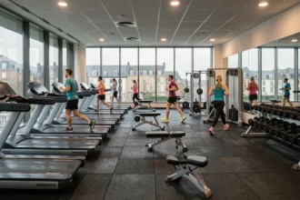 Vue panoramique d'une salle de sport moderne en Ille-et-Vilaine avec équipements de fitness et adhérents en entraînement