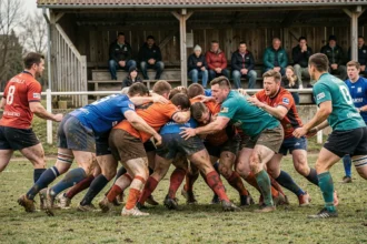Mêlée engagée lors d'un match de rugby Fédérale 2 Poule 4 entre deux équipes amateurs sur pelouse