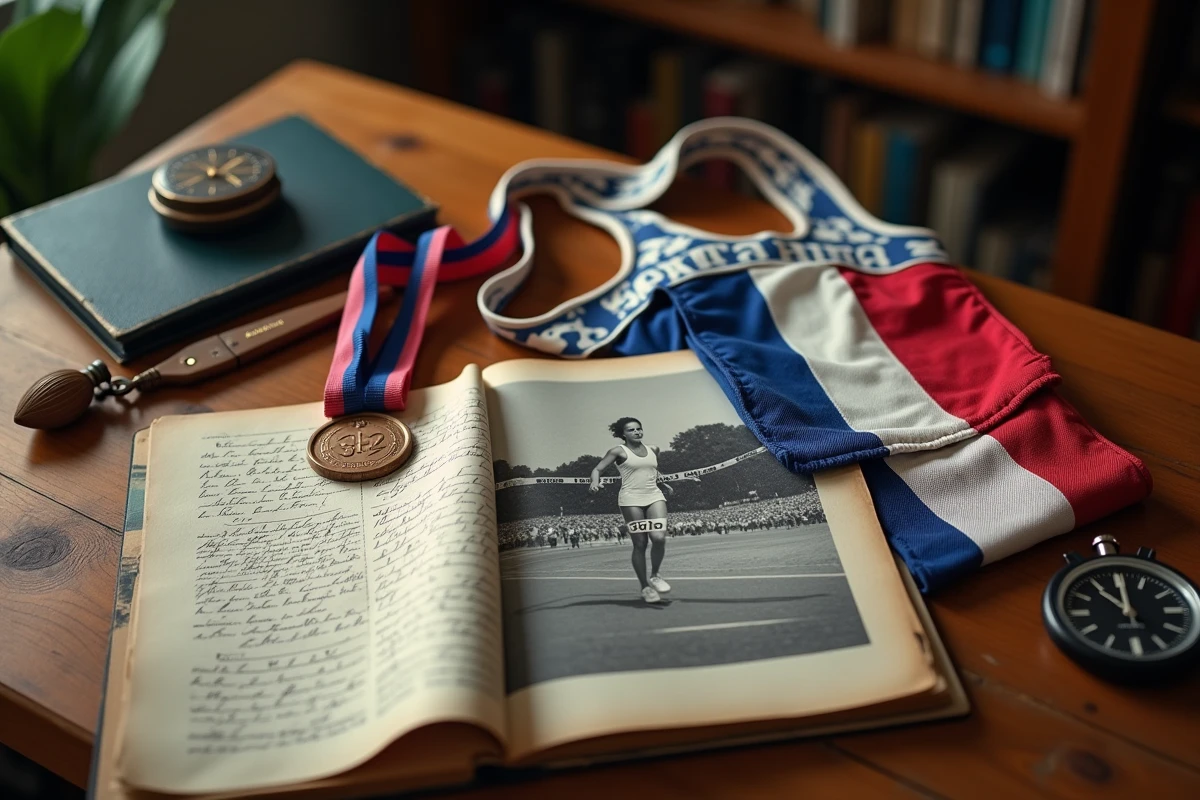 Objets souvenirs de l'athlétisme français posés sur un bureau en bois, dossard, médaille et photo de haies en noir et blanc