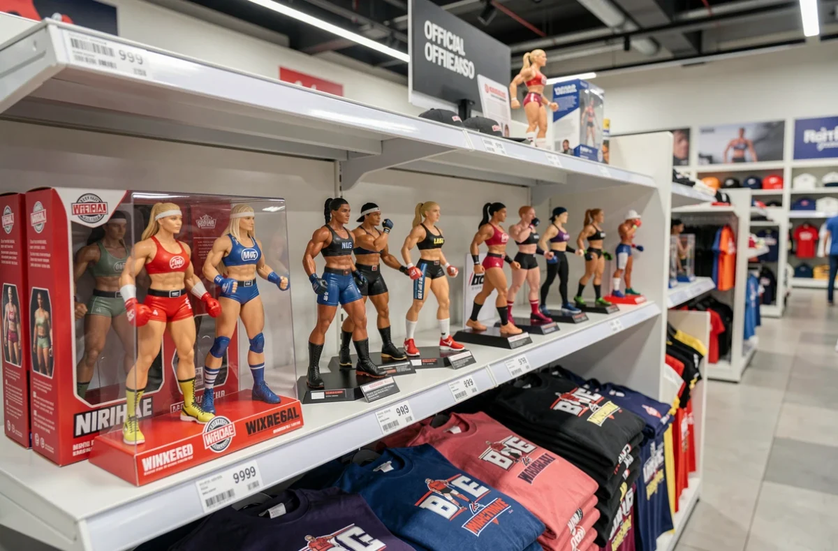 Produits dérivés officiels de catch WWE exposés sur des étagères de magasin, illustrant le business de merchandising autour des stars de la lutte