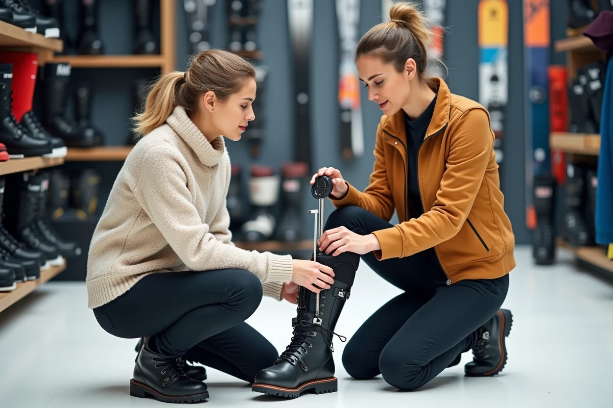 Spécialiste mesurant le mollet d'une cliente pour choisir la chaussure de ski adaptée à un mollet fort dans un magasin spécialisé