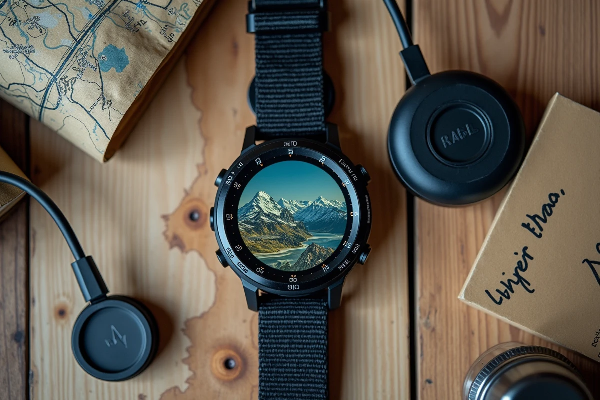Montre GPS de randonnée avec carte topographique et batterie externe en test d'autonomie