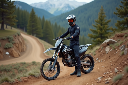 Homme en équipement motocross avec moto en montagne