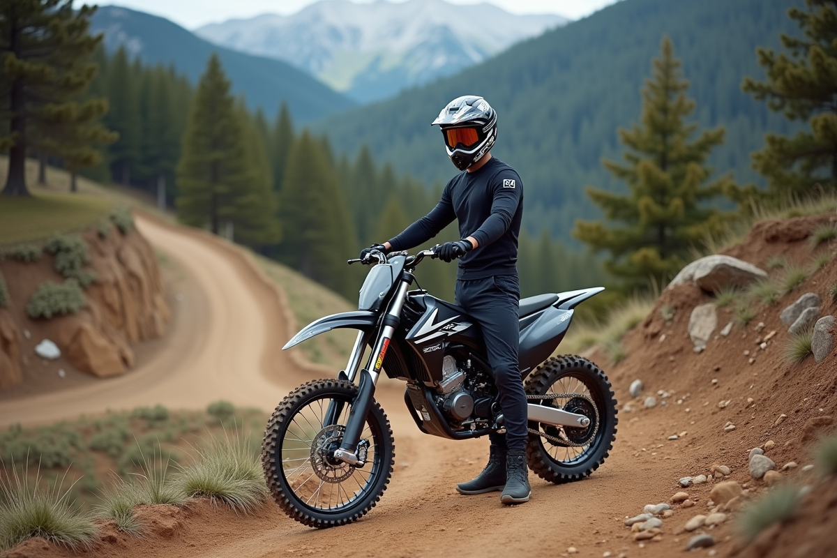 Homme en équipement motocross avec moto en montagne