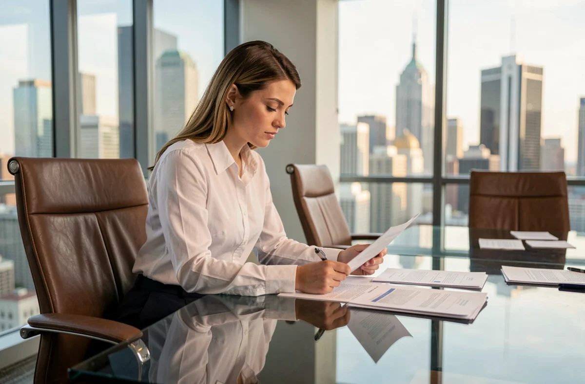 Femme d'affaires sportive en salle de réunion signant des contrats, représentant les négociations salariales et accords commerciaux d'une star du catch