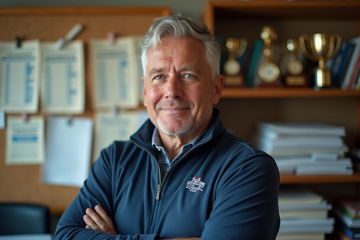 Officiel de football dans un bureau avec tableaux et trophées