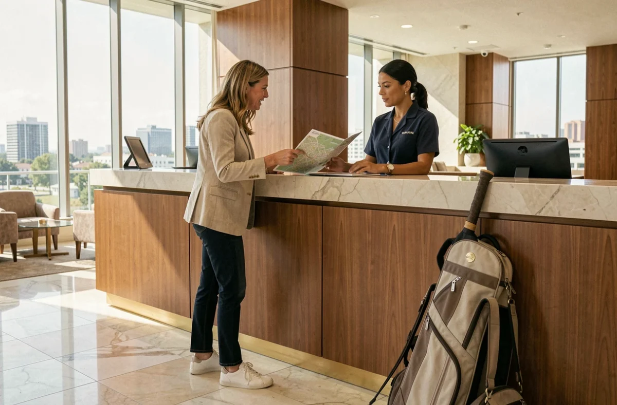 Voyageuse organisatrice d'un séjour tennis 2026 discutant avec un concierge d'hôtel avec son sac de raquettes
