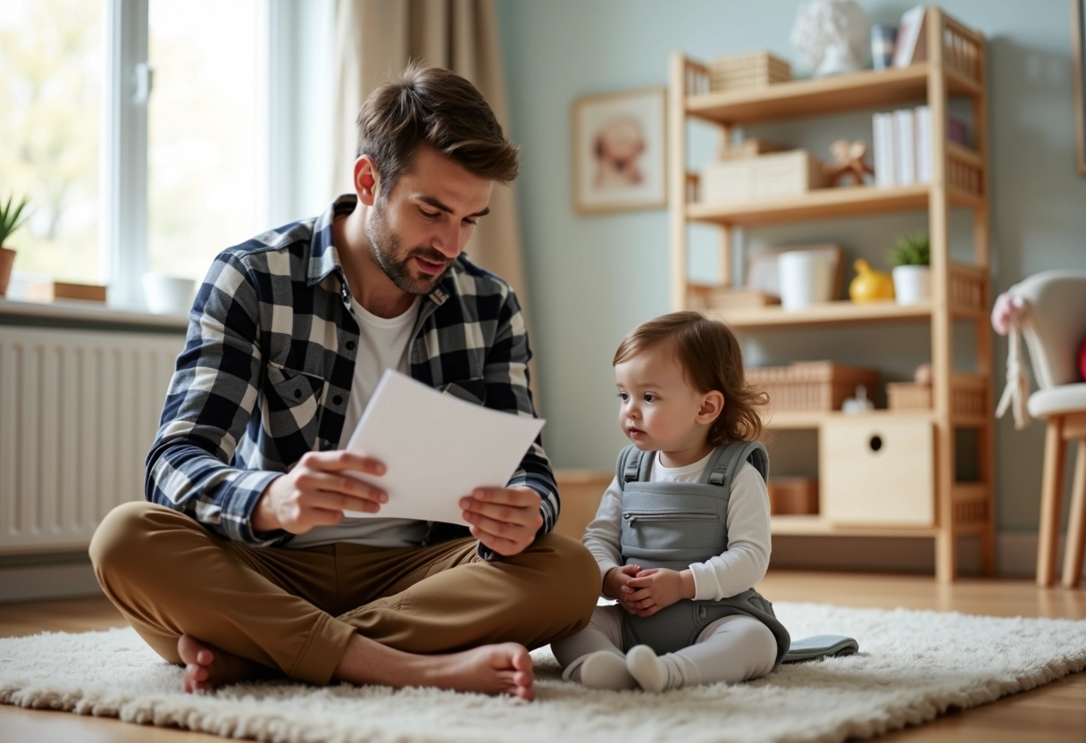 Père lisant les instructions du porte-bébé avec sa fille dans la nurserie