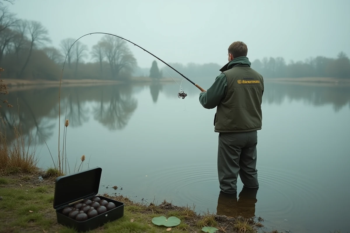 Jeune pêcheur lançant une bouillette carpe faite maison dans un lac calme en automne avec boîte d'appâts visible