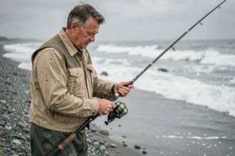 Pêcheur en waders assemblant un montage de surfcasting avec une tresse fine sur une plage de galets au bord de l'Atlantique