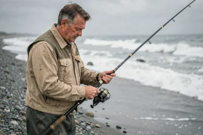 Pêcheur en waders assemblant un montage de surfcasting avec une tresse fine sur une plage de galets au bord de l'Atlantique