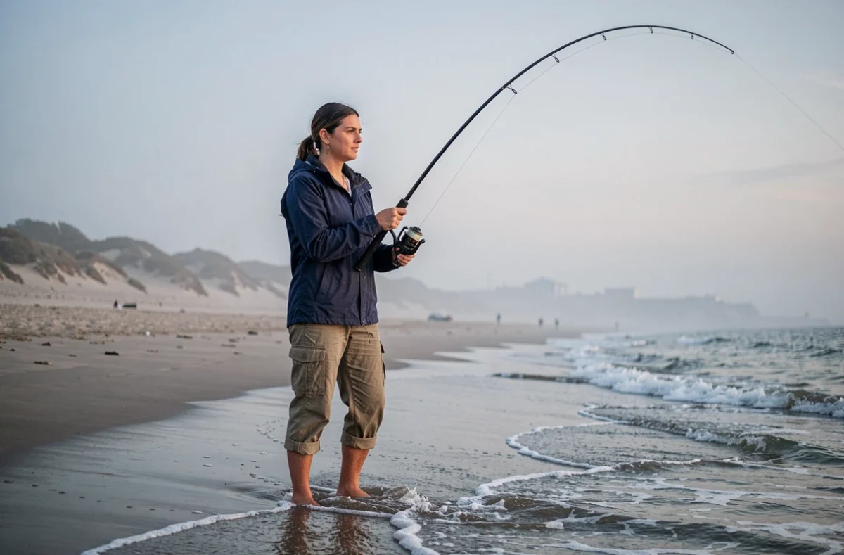 Pêcheuse en surfcasting tenant une canne courbée sous la touche d'un bar dans le surf au lever du jour sur une plage de sable