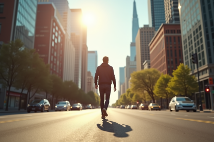 Personne marchant rapidement dans une rue urbaine ensoleillee
