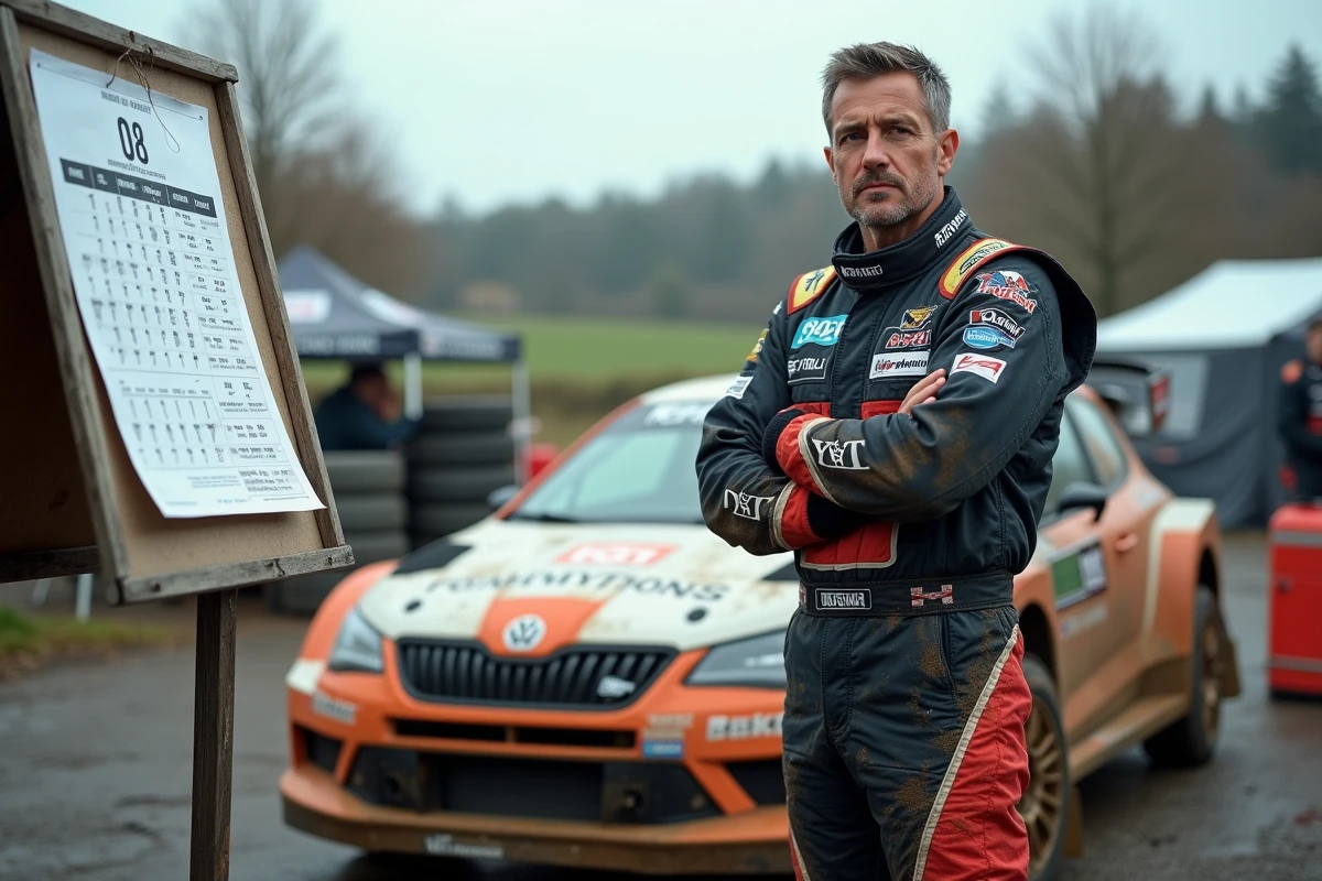 Pilote de rallye national examinant le calendrier des épreuves 2026 dans le parc d'assistance