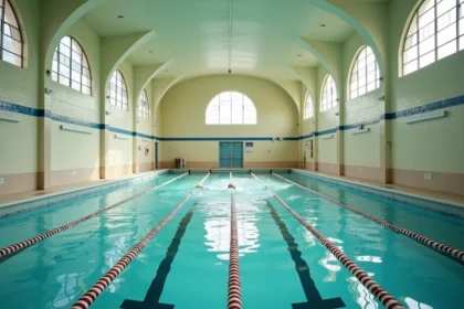 Vue intérieure de la piscine Jules Vernes à Nantes avec couloirs de natation et nageurs adultes